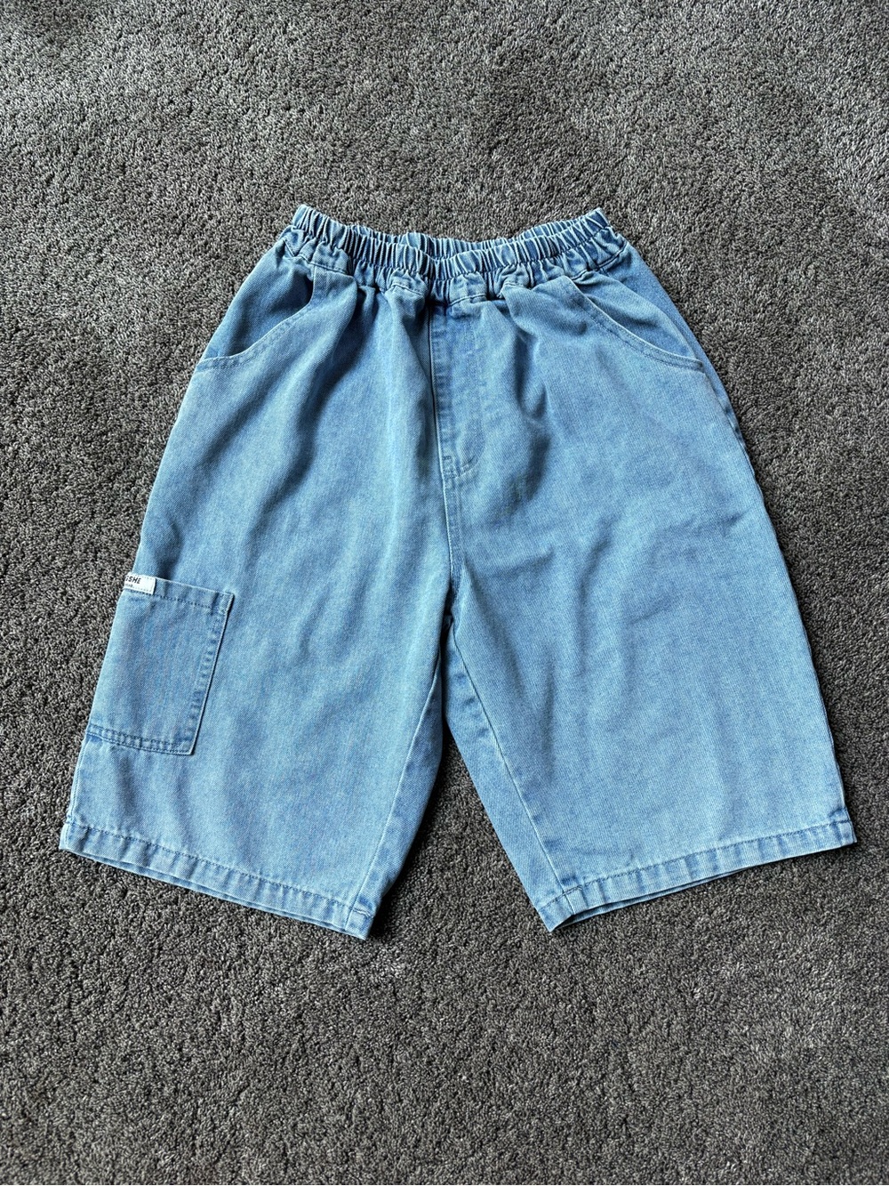 Youth Light Blue Elastic-Waist Denim Cargo Shorts